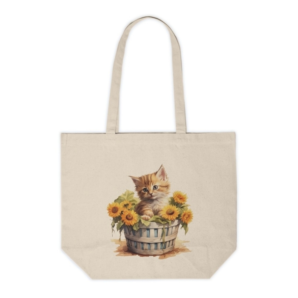 Floral Cat in a Basket Custom Canvas Tote Bag